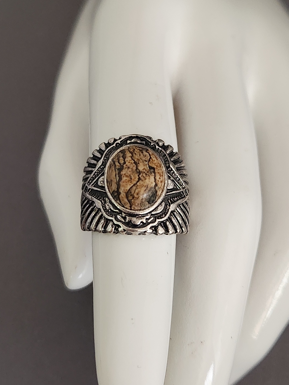 Sterling-Style Silver Men’s Ring with Brown Jasper Stone